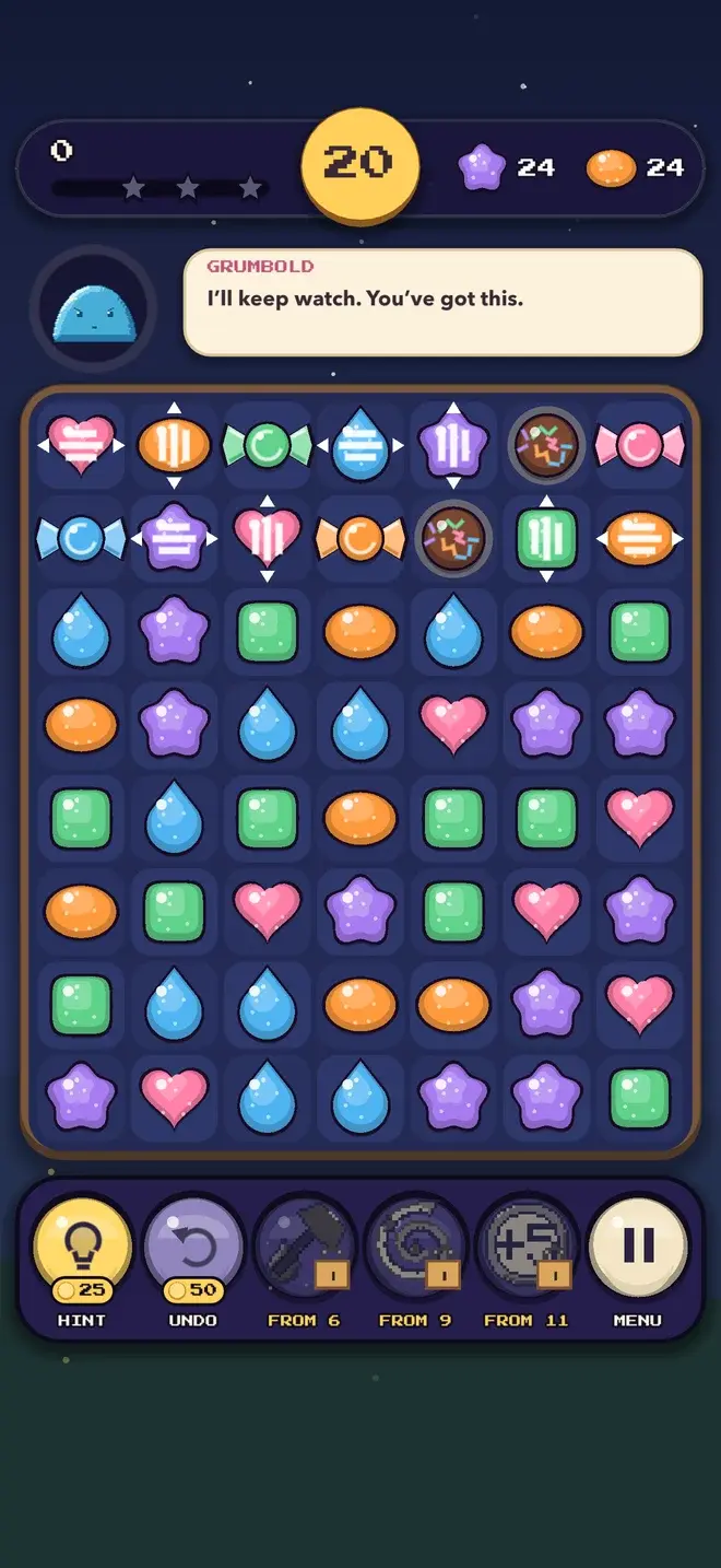 MallowDrop: game board with drops, hearts and moss