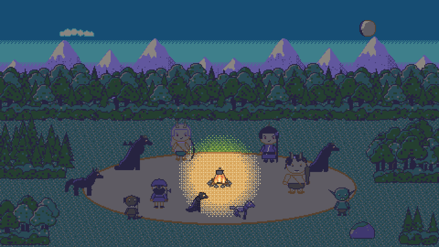 Pixelgrafik: nächtliche Waldlichtung mit Lagerfeuer